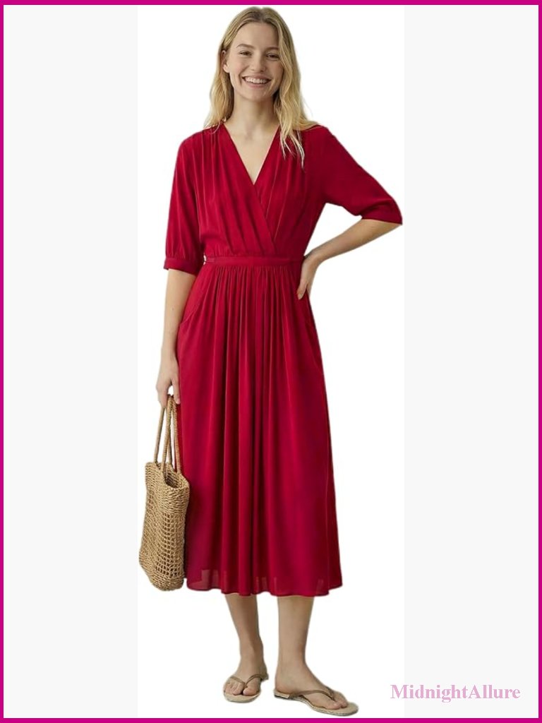 Midi Pleated Silk Dress With Pockets V Neck Half Sleeve Tie Waist